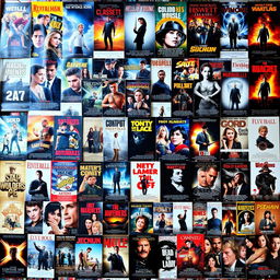 A vibrant background filled with numerous movie posters from various genres and eras, arranged in a visually appealing collage