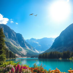 A beautiful landscape with mountains, a clear blue lake, and a bright sunny sky