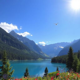 A beautiful landscape with mountains, a clear blue lake, and a bright sunny sky