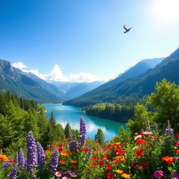 A beautiful landscape with mountains, a clear blue lake, and a bright sunny sky