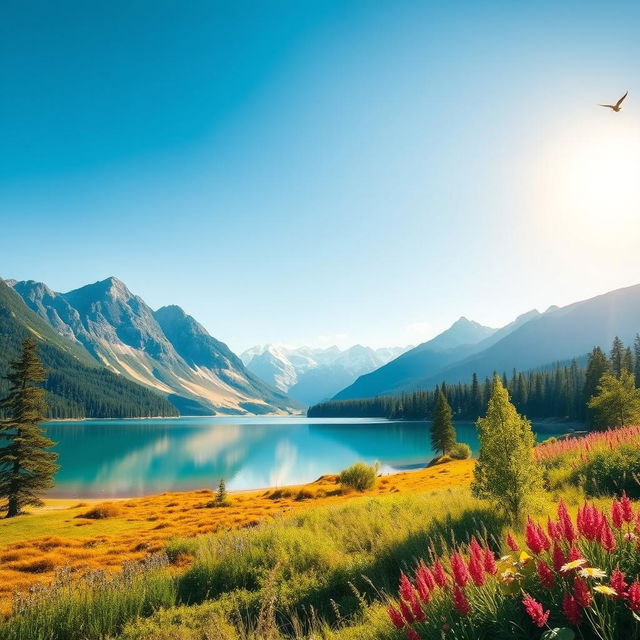 A beautiful landscape with mountains, a clear blue lake, and a bright sunny sky