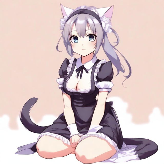 An adult, flustered, cute, and seductive cat girl in anime style, dressed as a maid