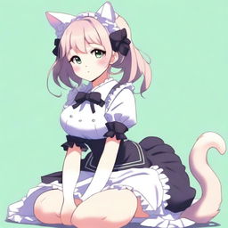 An adult, flustered, cute, and seductive cat girl in anime style, dressed as a maid