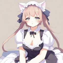 An adult, flustered, cute, and seductive cat girl in anime style, dressed as a maid