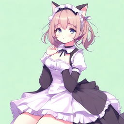 An adult, flustered, cute, and seductive cat girl in anime style, dressed as a maid