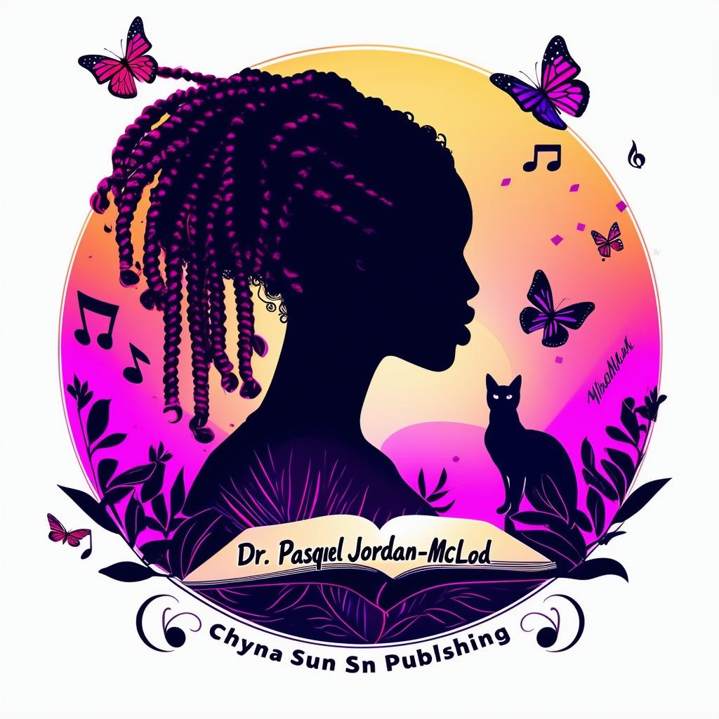 Design an elegant and vibrant logo for a book featuring a silhouette of a woman with short dreadlocks, music notes, butterflies, two cat silhouettes, and an open book