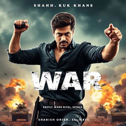 A dramatic war movie poster featuring Bollywood actor Shah Rukh Khan in a heroic pose