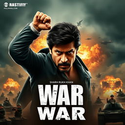 A dramatic war movie poster featuring Bollywood actor Shah Rukh Khan in a heroic pose