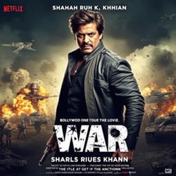 A dramatic war movie poster featuring Bollywood actor Shah Rukh Khan in a heroic pose