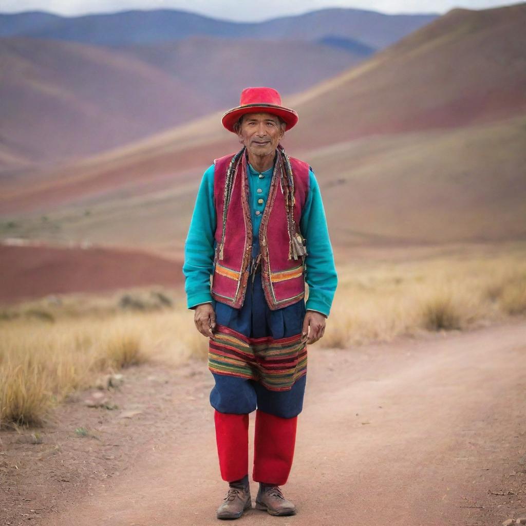 A traditional Bolivian man in vibrant, colorful outfit completing daily tasks in a picturesque Bolivia landscape