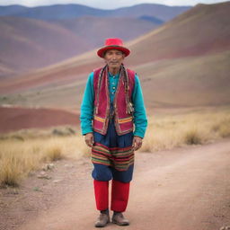 A traditional Bolivian man in vibrant, colorful outfit completing daily tasks in a picturesque Bolivia landscape