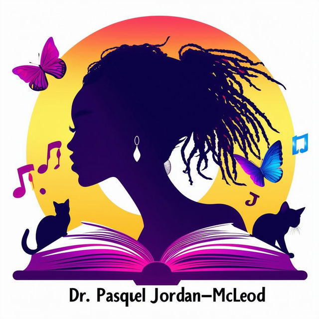 Design an elegant logo for a book featuring a silhouette of a woman with short dreadlocks, music notes, butterflies, two cat silhouettes, and an open book