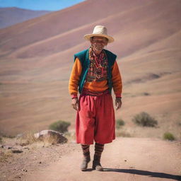 A traditional Bolivian man in vibrant, colorful outfit completing daily tasks in a picturesque Bolivia landscape