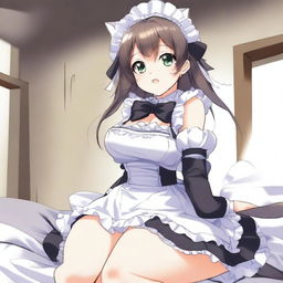 An adult, flustered, cute, and seductive cat girl in anime style, dressed as a maid