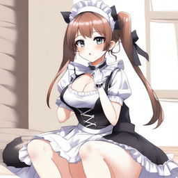 An adult, flustered, cute, and seductive cat girl in anime style, dressed as a maid