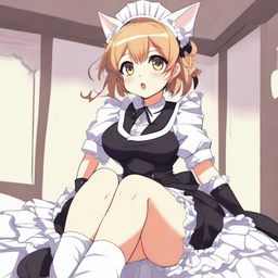 An adult, flustered, cute, and seductive cat girl in anime style, dressed as a maid