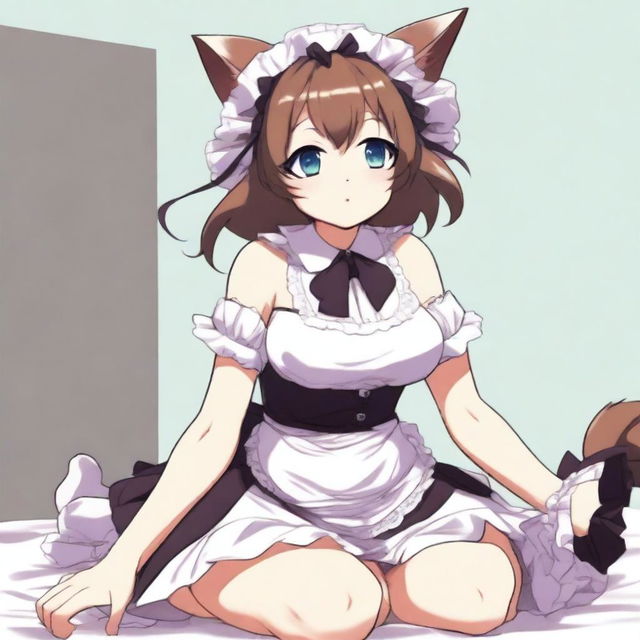 An adult, flustered, cute, and seductive cat girl in anime style, dressed as a maid