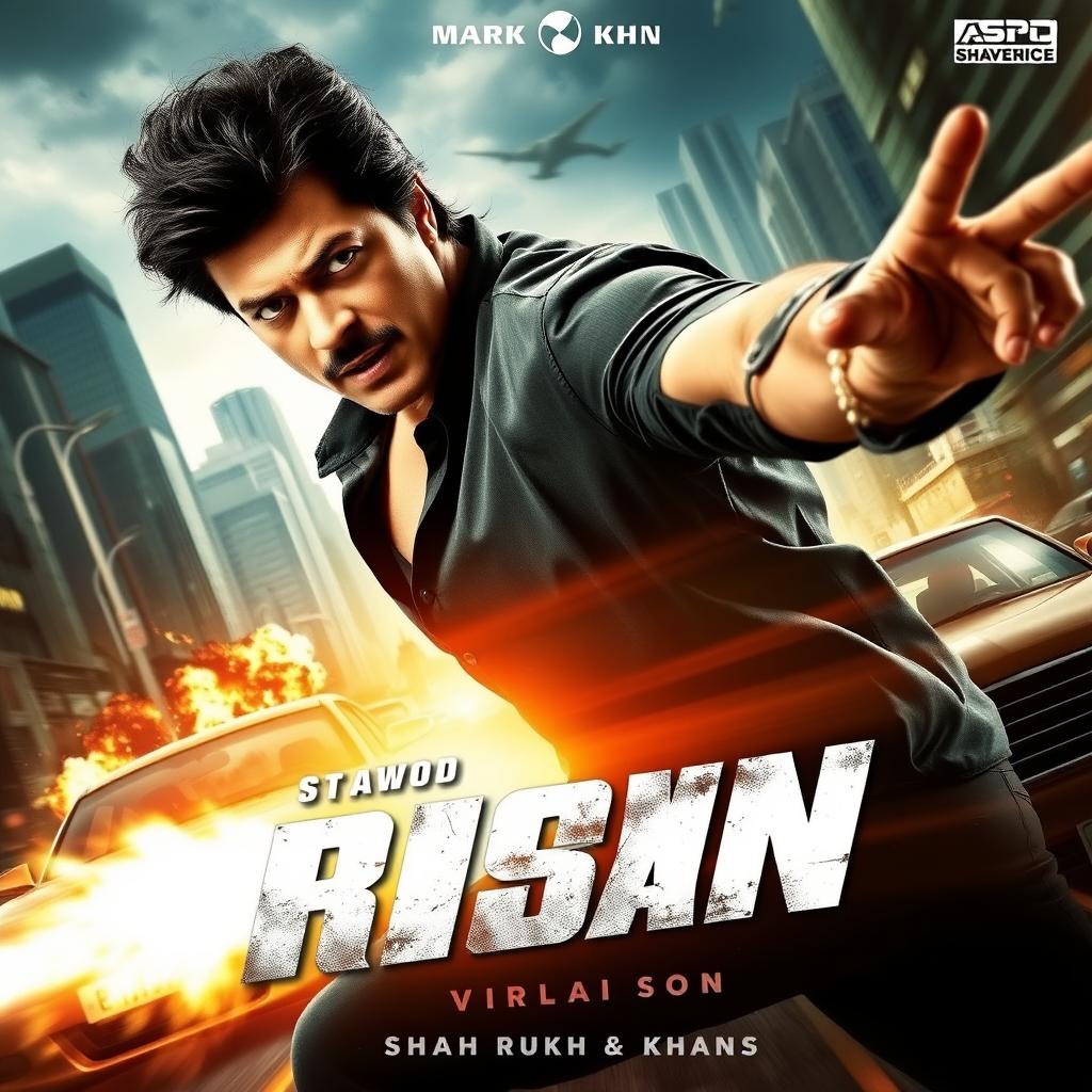 An action movie poster featuring Bollywood actor Shah Rukh Khan in a dynamic and intense pose