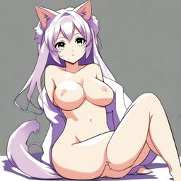 An adult, flustered, cute, and seductive cat girl in anime style