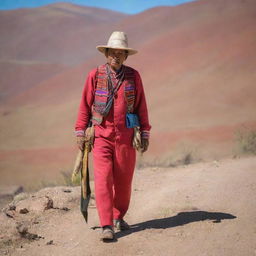 A traditional Bolivian man in vibrant, colorful outfit completing daily tasks in a picturesque Bolivia landscape