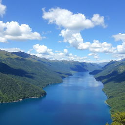 A beautiful landscape featuring a serene lake surrounded by lush green mountains under a clear blue sky with fluffy white clouds