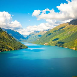 A beautiful landscape featuring a serene lake surrounded by lush green mountains under a clear blue sky with fluffy white clouds