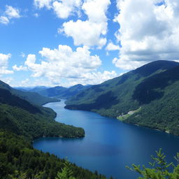 A beautiful landscape featuring a serene lake surrounded by lush green mountains under a clear blue sky with fluffy white clouds