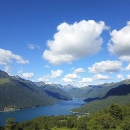 A beautiful landscape featuring a serene lake surrounded by lush green mountains under a clear blue sky with fluffy white clouds