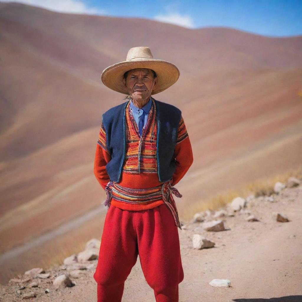 A traditional Bolivian man in vibrant, colorful outfit completing daily tasks in a picturesque Bolivia landscape