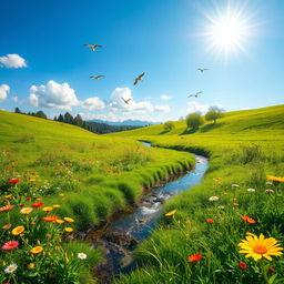 A serene landscape featuring a lush green meadow with colorful wildflowers, a clear blue sky, and a gentle stream flowing through the scene