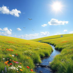 A serene landscape featuring a lush green meadow with colorful wildflowers, a clear blue sky, and a gentle stream flowing through the scene