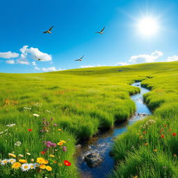 A serene landscape featuring a lush green meadow with colorful wildflowers, a clear blue sky, and a gentle stream flowing through the scene