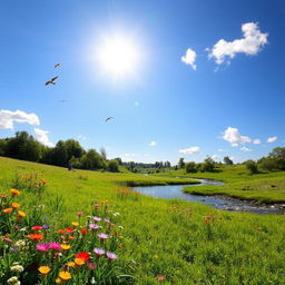 A serene landscape featuring a lush green meadow with colorful wildflowers, a clear blue sky, and a gentle stream flowing through the scene