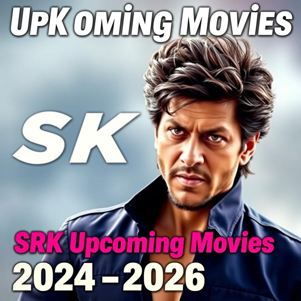 A vibrant YouTube thumbnail for a video listing Shah Rukh Khan's upcoming movies from 2024 to 2026