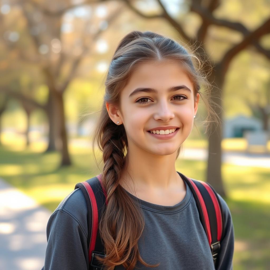 A good teenage girl with a friendly smile, wearing casual clothes