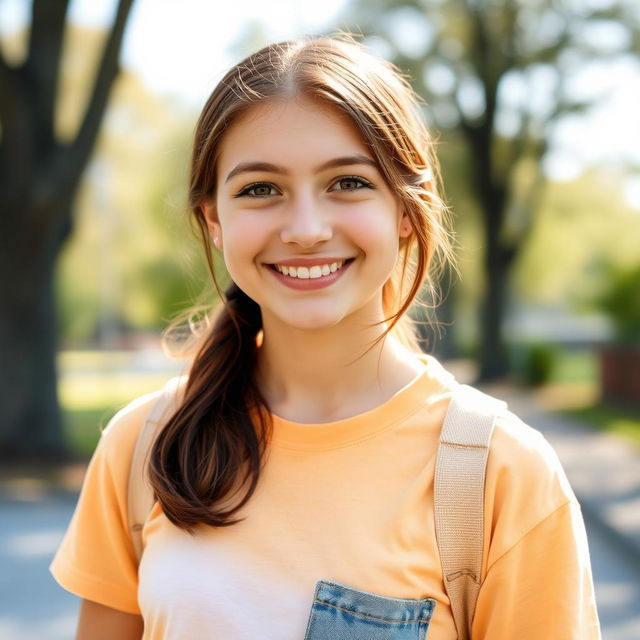 A good teenage girl with a friendly smile, wearing casual clothes