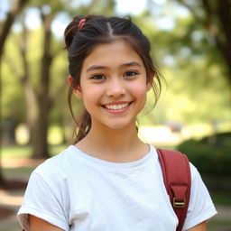 A good teenage girl with a friendly smile, wearing casual clothes