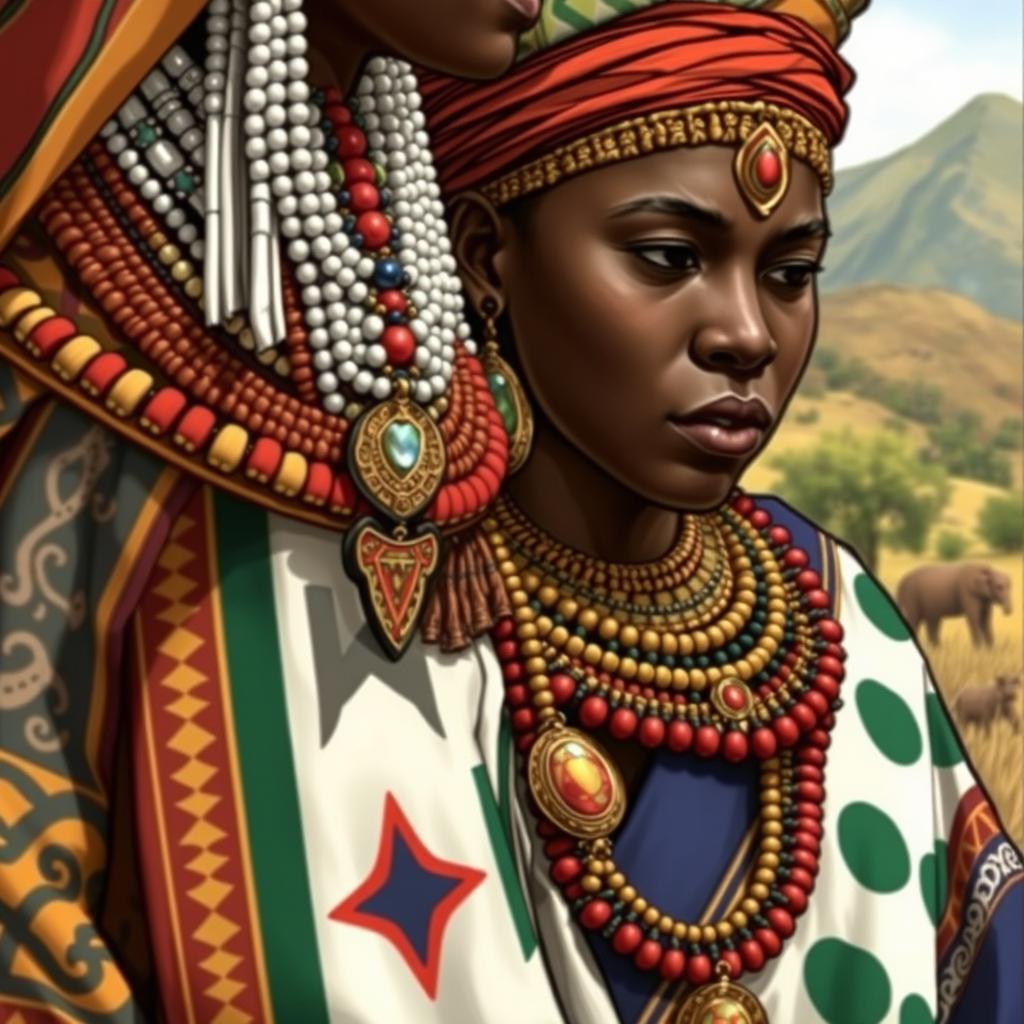 A detailed illustration showcasing traditional clothing and jewelry of the Zulu tribe