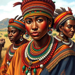 A detailed illustration showcasing traditional clothing and jewelry of the Zulu tribe