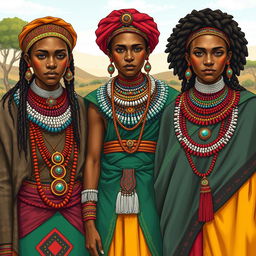 A detailed illustration showcasing traditional clothing and jewelry of the Zulu tribe