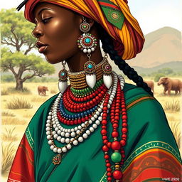 A detailed illustration showcasing traditional clothing and jewelry of the Zulu tribe