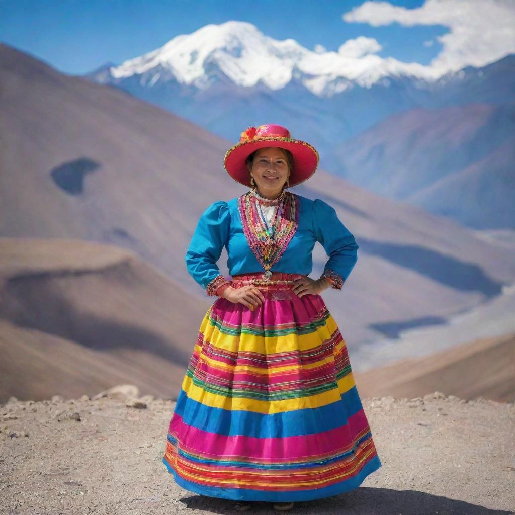 A Bolivian woman, dressed in traditional attire, including a brightly colored pollera (skirt) and bowler hat, standing against a backdrop of the majestic Andes mountains.