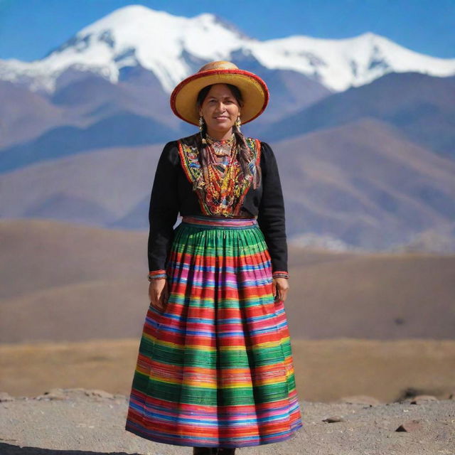 A Bolivian woman, dressed in traditional attire, including a brightly colored pollera (skirt) and bowler hat, standing against a backdrop of the majestic Andes mountains.