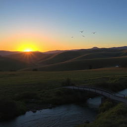 A beautiful landscape with rolling hills, a clear blue sky, and a vibrant sunset casting an orange glow over the scene