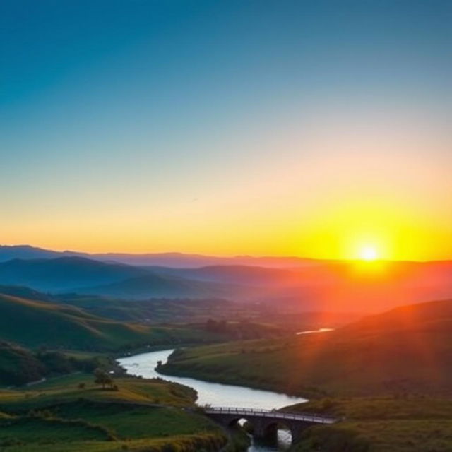 A beautiful landscape with rolling hills, a clear blue sky, and a vibrant sunset casting an orange glow over the scene