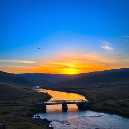 A beautiful landscape with rolling hills, a clear blue sky, and a vibrant sunset casting an orange glow over the scene