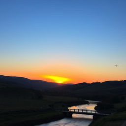 A beautiful landscape with rolling hills, a clear blue sky, and a vibrant sunset casting an orange glow over the scene