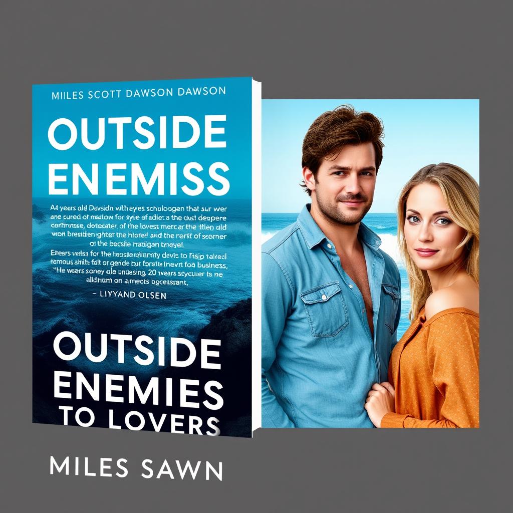 Create a book cover for a novel titled 'Outside Enemies to Lovers' featuring a 24-year-old man named Miles Scott Dawson with brown hair and blue eyes, who is a surfer and restaurant owner