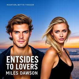 Create a book cover for a novel titled 'Outside Enemies to Lovers' featuring a 24-year-old man named Miles Scott Dawson with brown hair and blue eyes, who is a surfer and restaurant owner