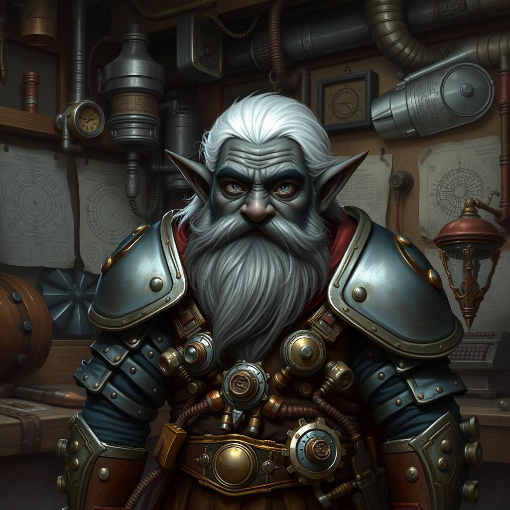 Create an image of an artificer dwarf with black skin, grayish eyes, and white hair